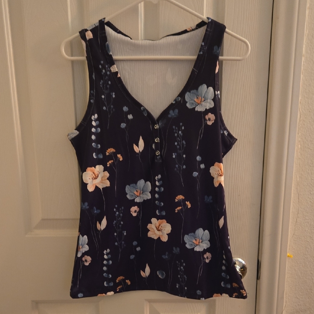 Floral Sleeveless Top - Navy and Light Blue